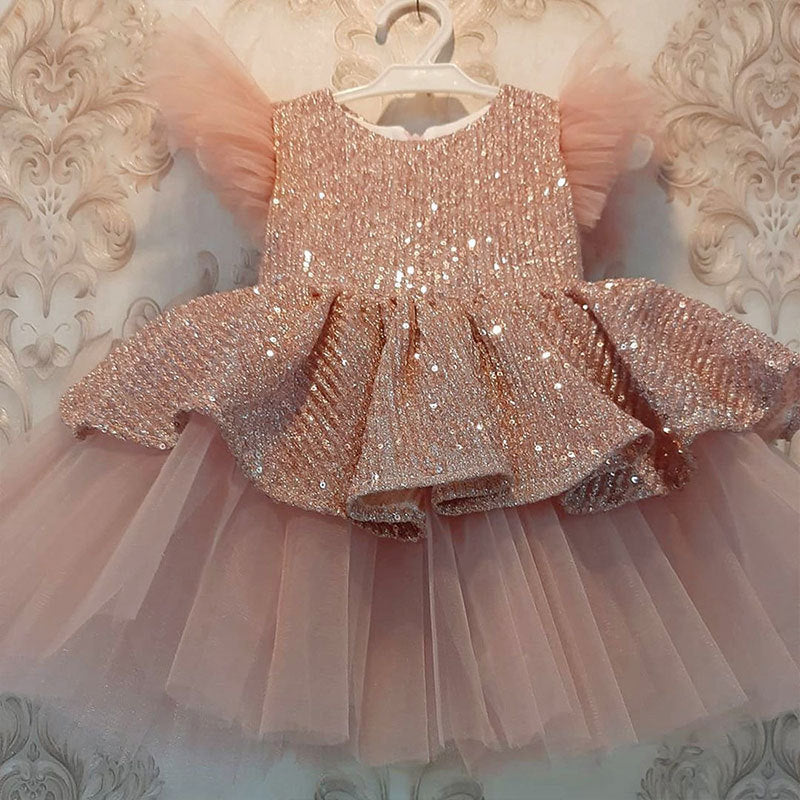 Sequins Toddler/ kids mesh puffy princess dress girl party dress pink dress